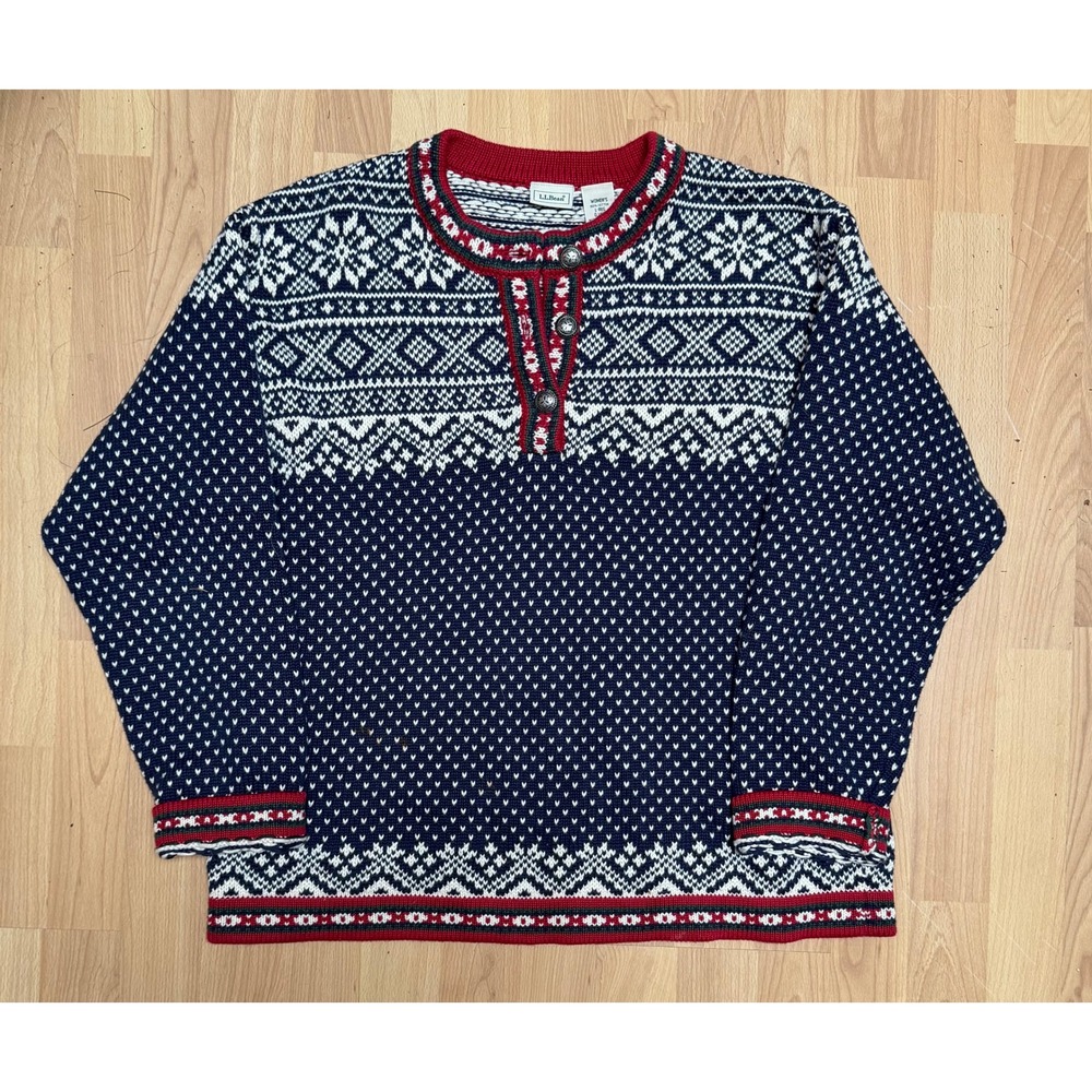 Vintage L.L. Bean Nordic Fair Isle Henley Sweater Navy Blue Red Medium Preppy